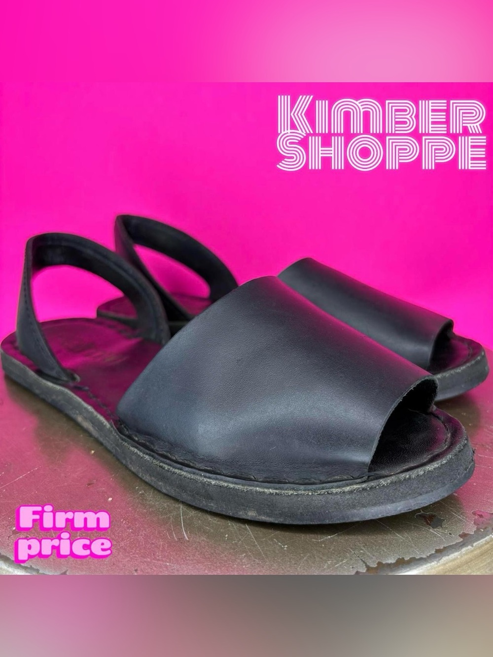 Perroni Black Leather Peep Toe Slingback Flat Sandal US 7
